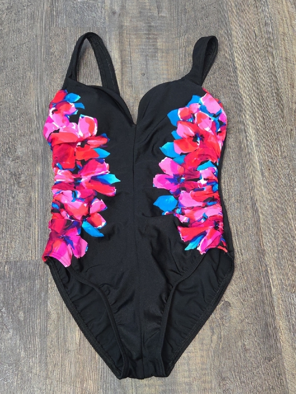 Miraclesuit Black One-Piece with Pink & Blue Floral Side Panels